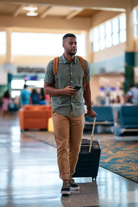 Young man rolling a carry-on suitcase through an airport terminal on a last-minute trip