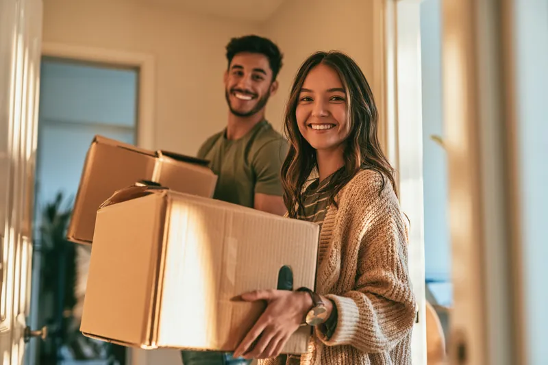 Couple carrying moving boxes into a new apartment, with moving costs covered by a $1,500 loan