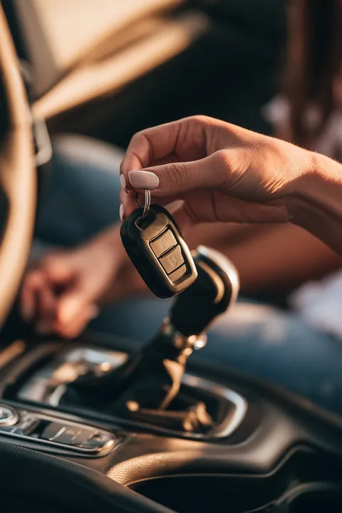 Hand holding a new car key fob above the center console of a modern car