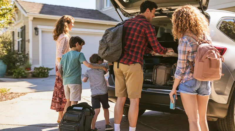 Family loading bags and a cooler into a late-model SUV in their driveway before a road-trip move paid for with a $5,000 loan