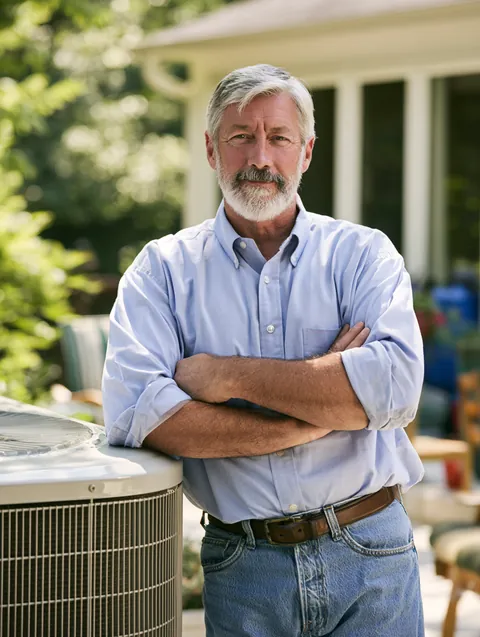 Homeowner in his 60s standing proudly beside a newly installed AC condenser, a repair a Hidden Meadow Lending reader might budget for