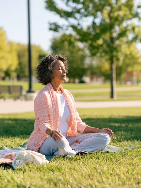 Woman in her 50s practicing yoga on a mat in an open park, the kind of calm a Hidden Meadow Lending debt plan aims for