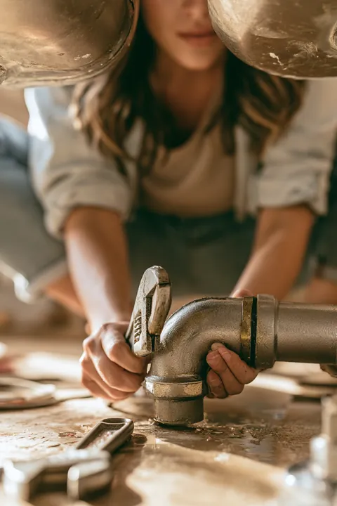 Woman's hands tightening a pipe fitting under a kitchen sink with an adjustable wrench