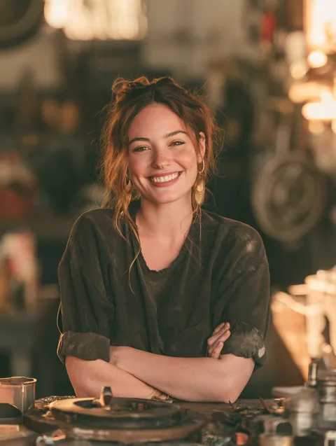 Smiling mechanic in her 30s standing in a clean auto shop, a repair a Hidden Meadow Lending reader might need to fund quickly