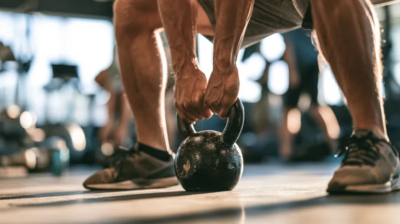 Over-the-shoulder view of a man in his 30s lifting a kettlebell in a bright gym