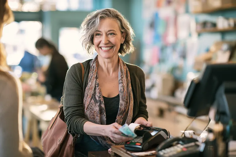 Shop owner in her 50s ringing up a customer at a modern point-of-sale counter, weighing a card swipe against a fixed-term loan