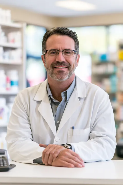 Pharmacist in his forties smiling behind a bright, well-stocked pharmacy counter