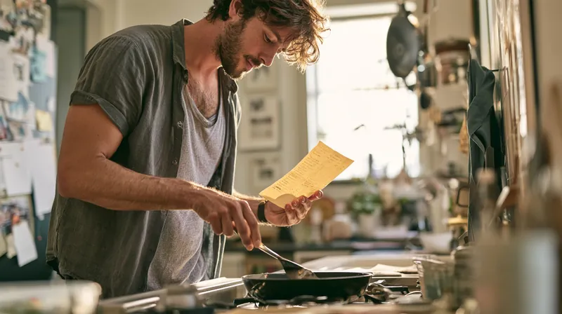 Over-the-shoulder view of a young man in his twenties following a handwritten recipe card while stirring a pan on the stove