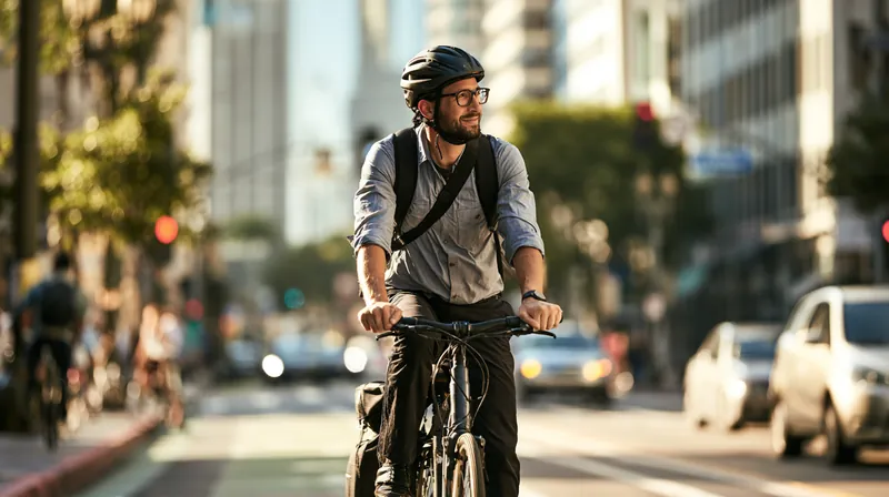 Man in his thirties cycling to work along a protected downtown bike lane, thinking about personal loan rates with Hidden Meadow Lending