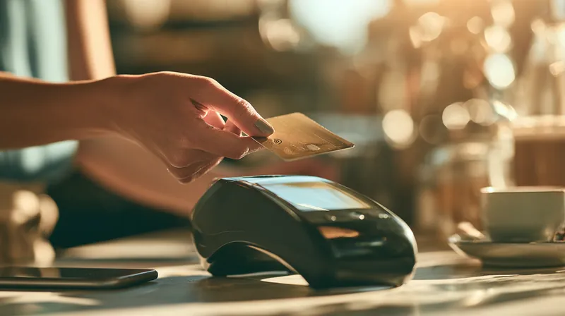 Hand tapping a contactless credit card on a payment terminal at a cafe counter